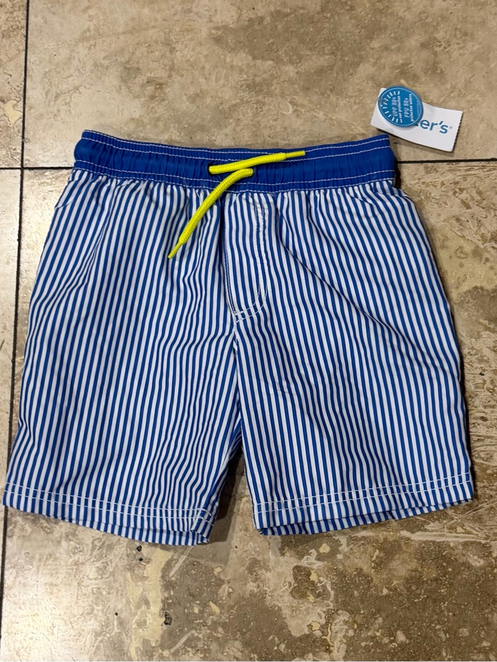 Carter's Blue & White Striped Swim Shorts with Neon Yellow Drawstring